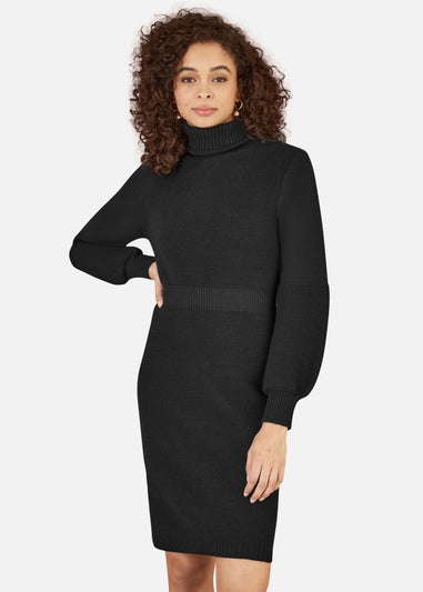 Yumi Black Roll Neck Knitted Dress With Fitted Waist