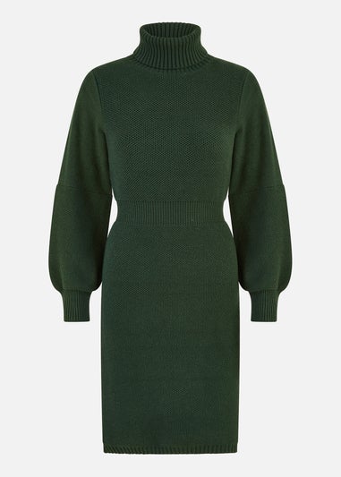 Yumi Green Roll Neck Knitted Dress With Fitted Waist