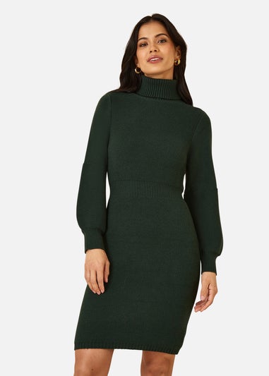 Yumi Green Roll Neck Knitted Dress With Fitted Waist