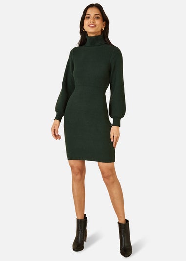 Yumi Green Roll Neck Knitted Dress With Fitted Waist