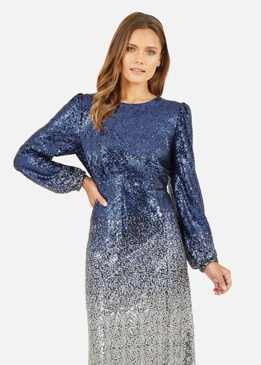 Yumi Navy Sequin Ombre Long Sleeve Midi Dress