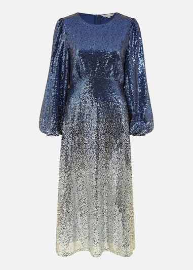 Yumi Navy Sequin Ombre Long Sleeve Midi Dress