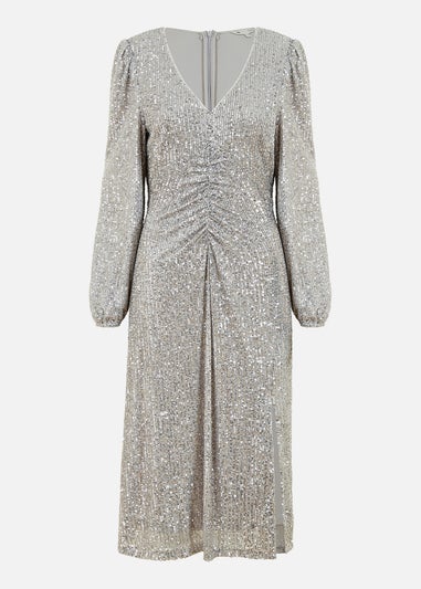 Yumi Silver Sequin Ruched Front Long Sleeve Midi Dress