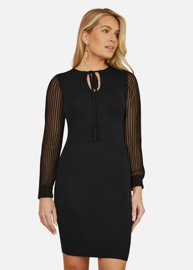 Yumi Black Rib Knit Fitted Dress With Sheer Sleeve Design