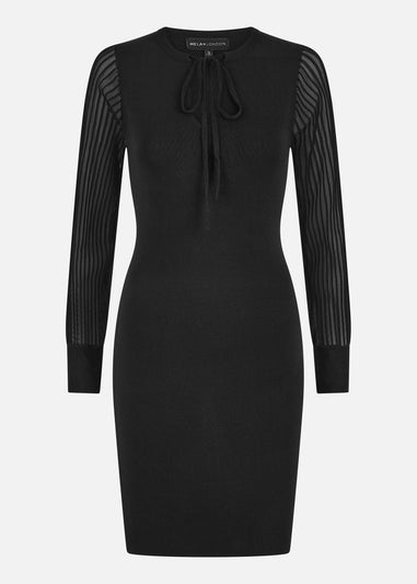 Yumi Black Rib Knit Fitted Dress With Sheer Sleeve Design