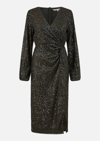 Yumi Black Sequin Ruched Wrap Long Sleeve Dress