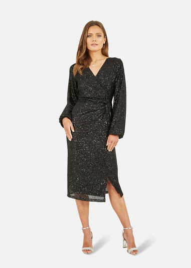 Yumi Black Sequin Ruched Wrap Long Sleeve Dress