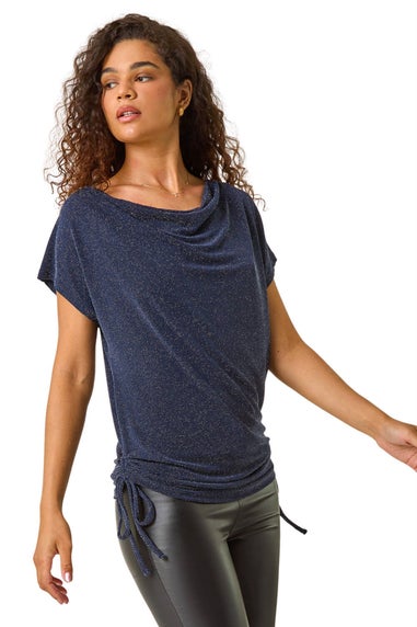 Roman Navy Glitter Cowl Neck Stretch Top