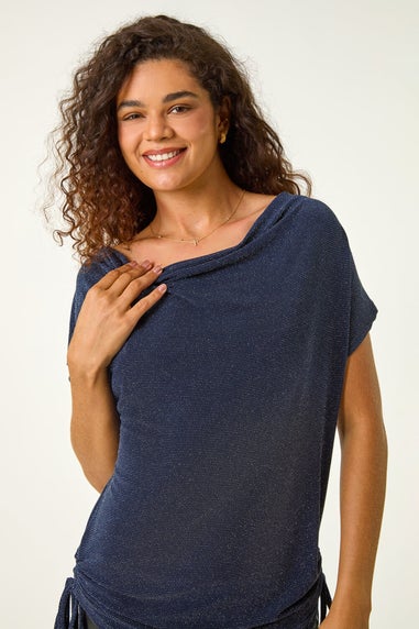Roman Navy Glitter Cowl Neck Stretch Top