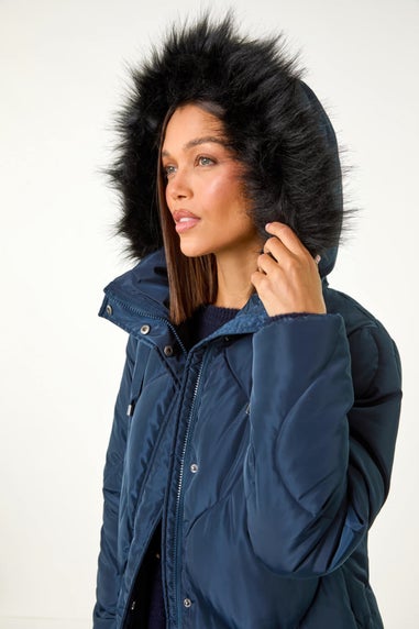 Roman Midnight Blue Quilted Faux Fur Hooded Coat