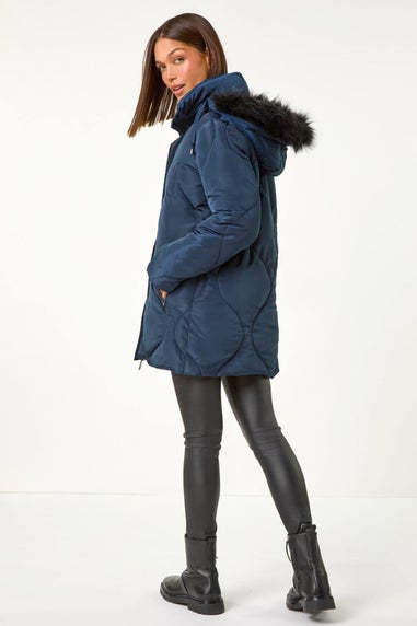 Roman Midnight Blue Quilted Faux Fur Hooded Coat