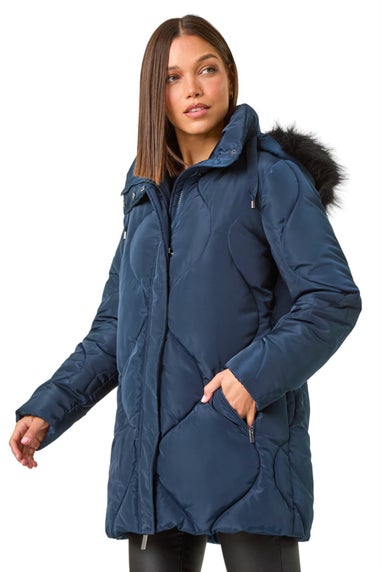 Roman Midnight Blue Quilted Faux Fur Hooded Coat