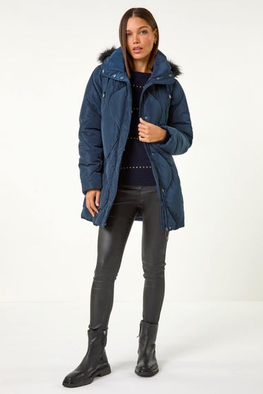 Roman Midnight Blue Quilted Faux Fur Hooded Coat