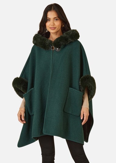 Yumi Green Cape With Luxe Fur Trim And Lining