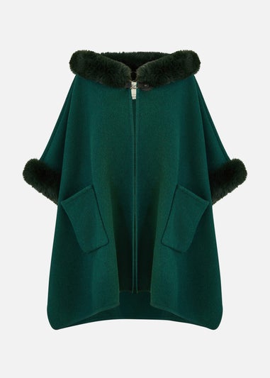 Yumi Green Cape With Luxe Fur Trim And Lining