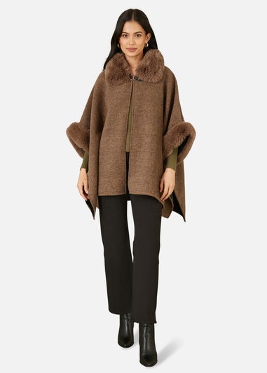 Yumi Brown Cape With Luxe Fur Trim And Lining