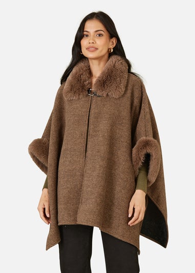 Yumi Brown Cape With Luxe Fur Trim And Lining