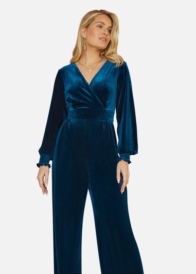 Yumi Teal Velvet Long sleeve Jumpsuit