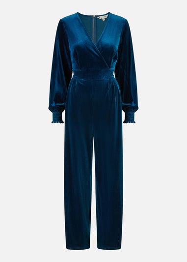 Yumi Teal Velvet Long sleeve Jumpsuit