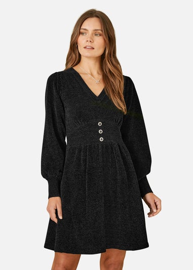 Yumi Black V Neck Empire Line Knitted Skater Dress