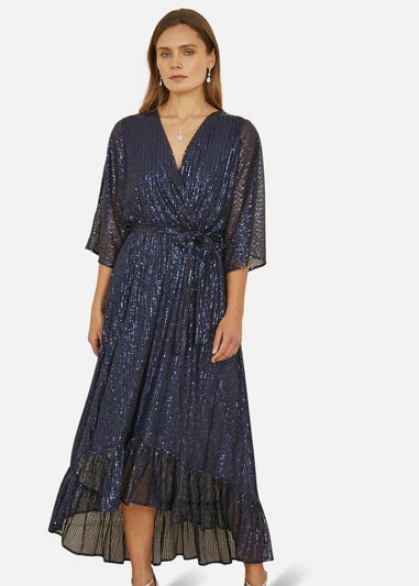 Yumi Navy Sequin Kimono Midi Wrap Dress