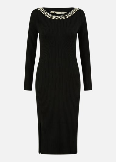 Yumi Black Pearl Neckline Fitted Midi Knitted Dress