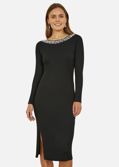 Yumi Black Pearl Neckline Fitted Midi Knitted Dress