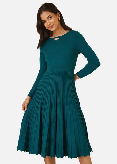 Yumi Teal Knitted Pleated Skater Dress With Notch Neckline