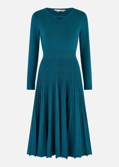 Yumi Teal Knitted Pleated Skater Dress With Notch Neckline