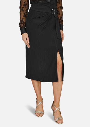 Yumi Black Diamante Buckle Faux Wrap Skirt With Split Hem