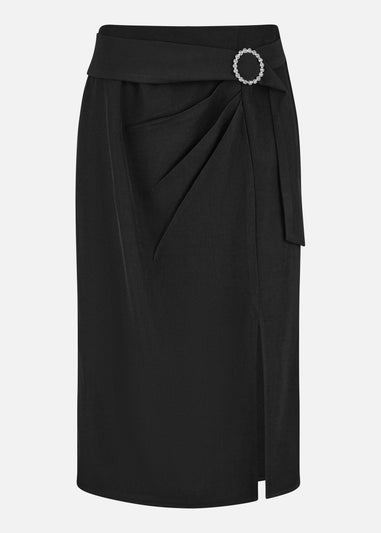 Yumi Black Diamante Buckle Faux Wrap Skirt With Split Hem