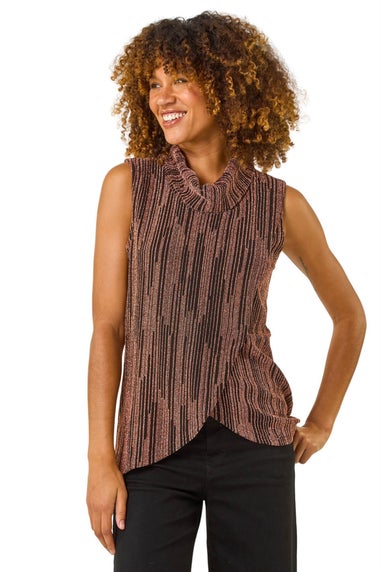 Roman Bronze Shimmer Line Cowl Neck Tunic Top