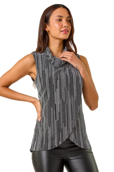 Roman Silver Shimmer Line Cowl Neck Tunic Top