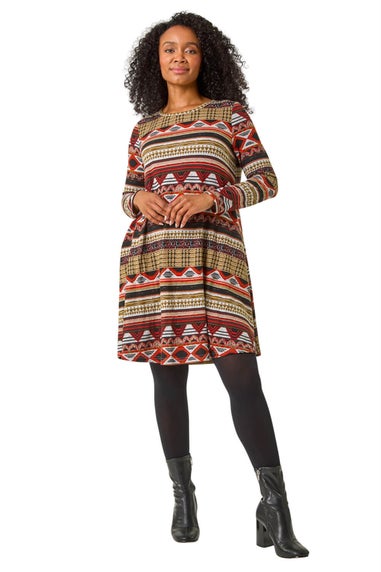 Roman Orange Petite Aztec Print Swing Stretch Dress