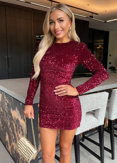 AX Paris Wine Velvet Sequin Long Sleeve Mini Dress