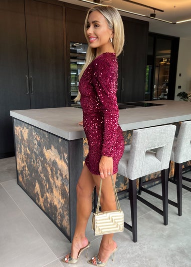 AX Paris Wine Velvet Sequin Long Sleeve Mini Dress