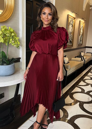 AX Paris Burgundy High Neck Puff Sleeve Zig Zag Hem Pleated Midi Dress