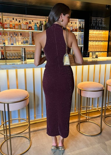 AX Paris Plum Sparkle Halter Neck Ruched Bodycon Midi Dress