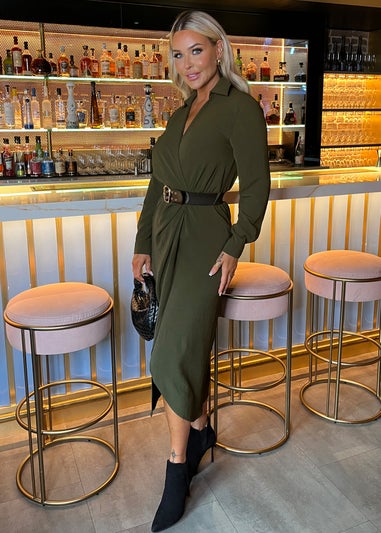 AX Paris Olive Belted Wrap Midi Shirt Dress