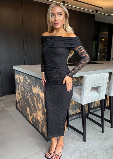 AX Paris Black Lace Bardot Long Sleeve Ruched Bodycon Midi Dress