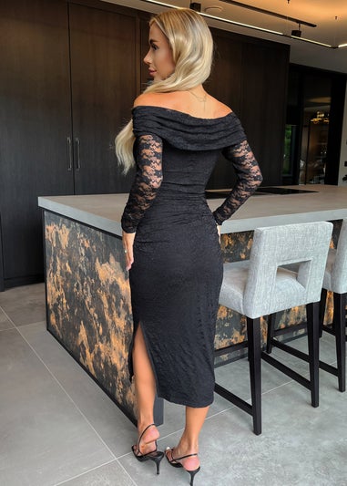 AX Paris Black Lace Bardot Long Sleeve Ruched Bodycon Midi Dress