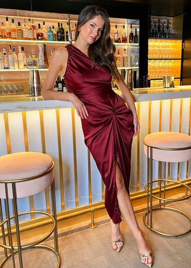 AX Paris Wine One Shoulder Knot Skirt Satin Midi Dress