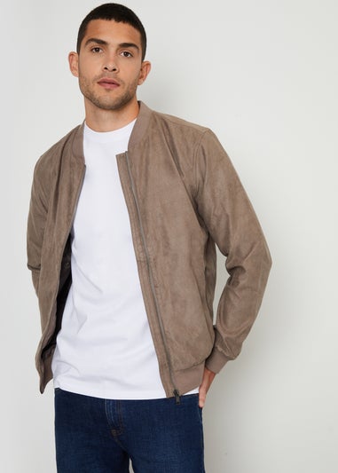 Threadbare Taupe Faux Suede Bomber Jacket