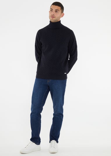 Threadbare Navy Cable Knit Roll Neck Jumper