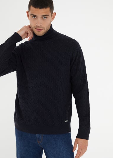 Threadbare Navy Cable Knit Roll Neck Jumper