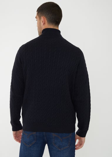 Threadbare Navy Cable Knit Roll Neck Jumper