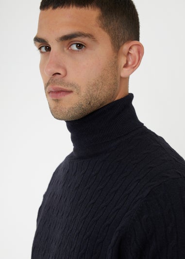 Threadbare Navy Cable Knit Roll Neck Jumper