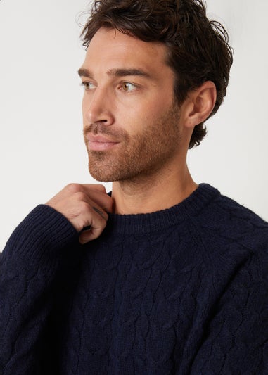 Threadbare Navy Raglan Sleeve Cable Knit Crew Neck Jumper