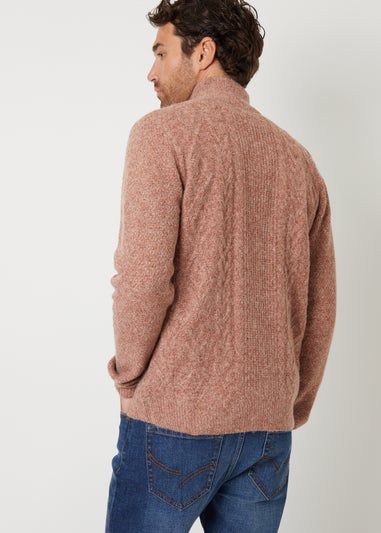 Threadbare Brown Cable Knit Detail Quarter Zip Jumper