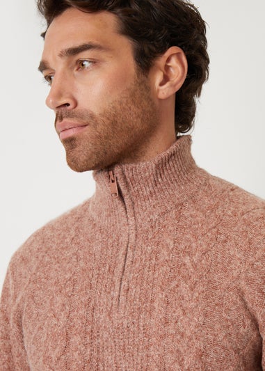 Threadbare Brown Cable Knit Detail Quarter Zip Jumper